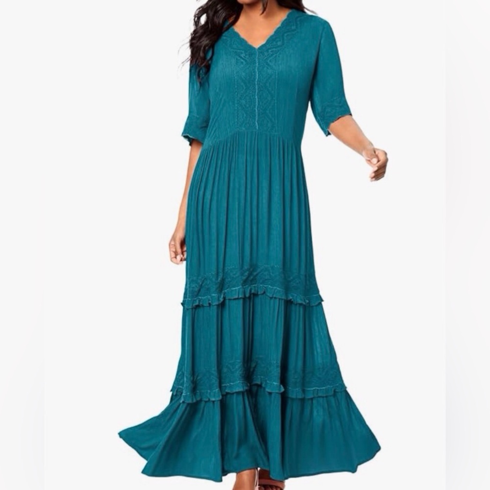 Roaman’s Women 3X 30/32 Teal Boho Ruffle Tiered Lace Crinkle Maxi Dress NWT - Picture 1 of 12
